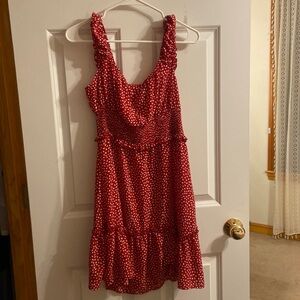 red with white dots, flowy, tie in back
